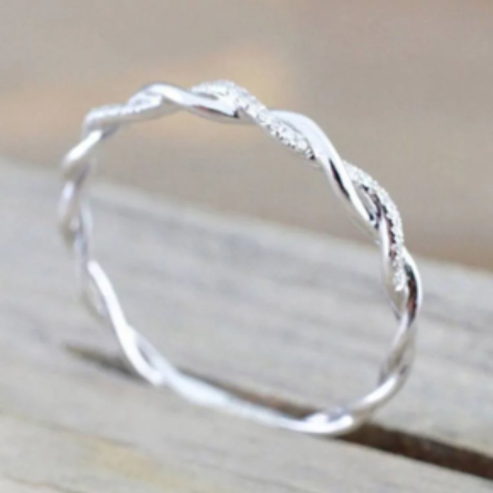Twisted Rope inlaid cubic zircon ring (silver or gold)
